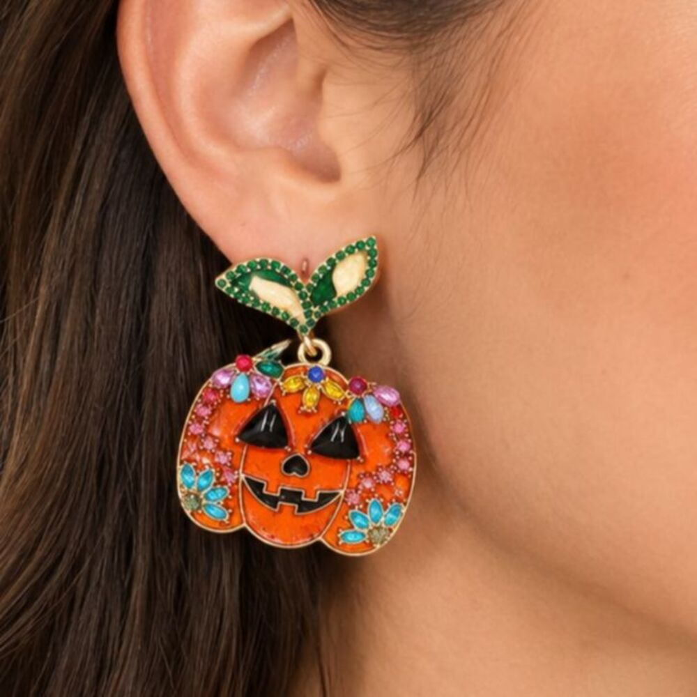 Paparazzi Halloween Jack-O'-Lantern Pumpkin Earrings Orange Rhinestone